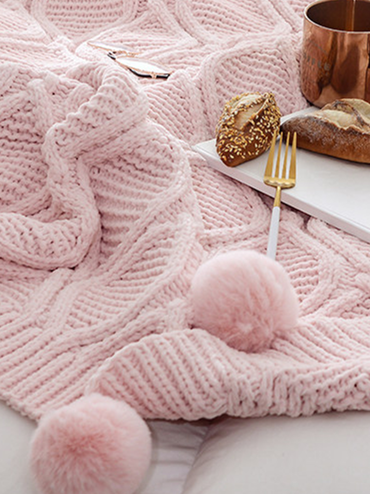 Minimalist Knitted Pom Pom Throw Blanket