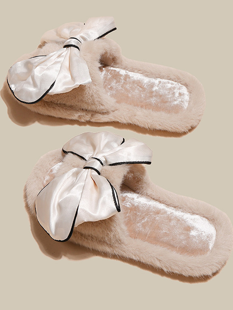 Cute Bow Fuzzy House Slippers Winter Soft Sole Non Slip Warm