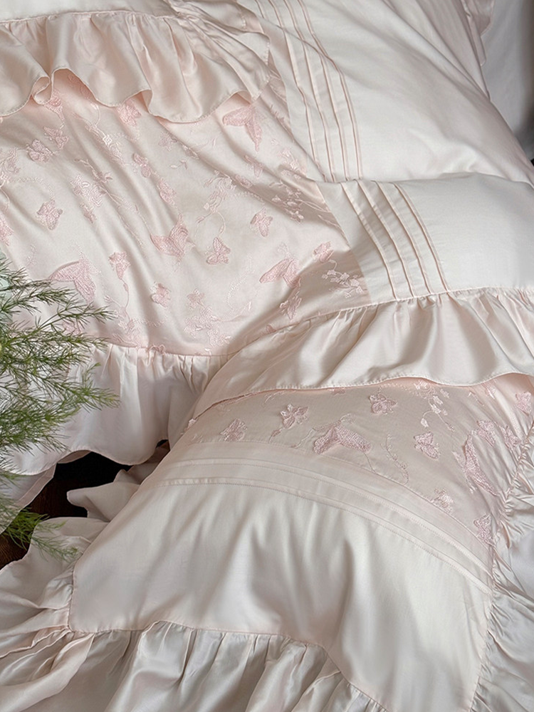 French Sweet Tencel Cotton Blend Bedding Set Butterfly Embroidered Flat Sheet