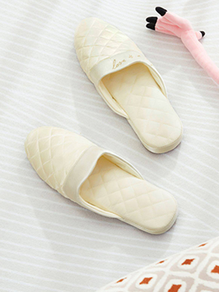 Embroidered Satin Closed-Toe House Slippers Soft Sole Waterproof Non Slip Quiet