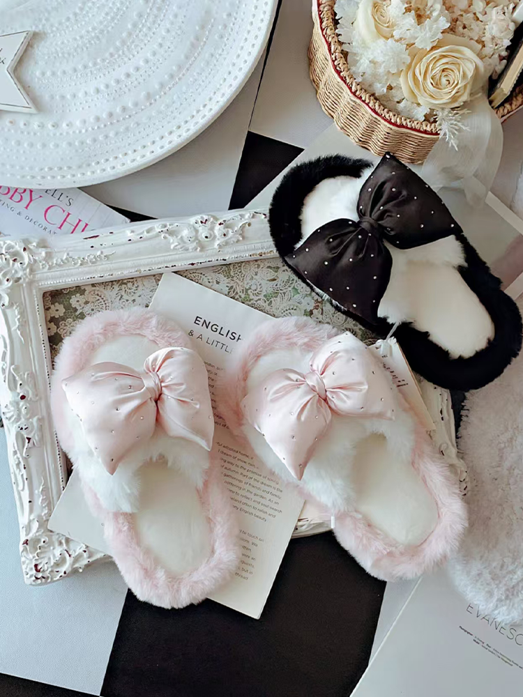 French Elegant Bow Fuzzy House Slippers Winter Soft Sole Non Slip Warm