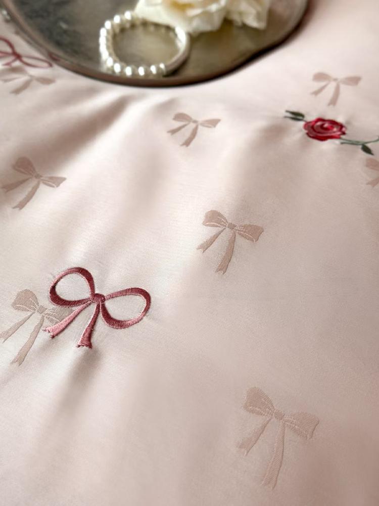 Fresh Bow Jacquard Tencel Cotton Blend Bedding Set Rose Embroidered Flat Sheet