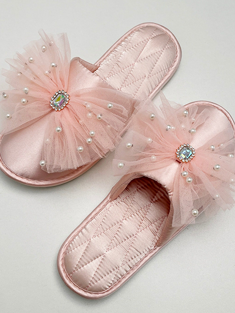 Luxury Rhinestone Bow Satin Closed-Toe House Slippers
