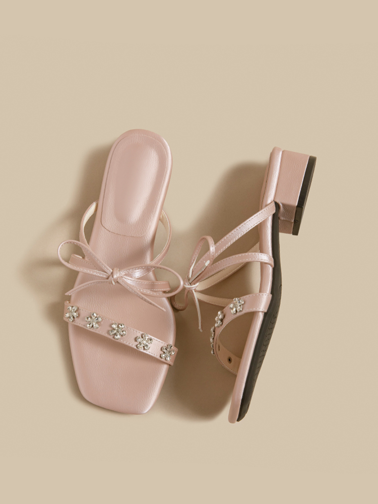 Bow Rhinestone Block Heel Sandals