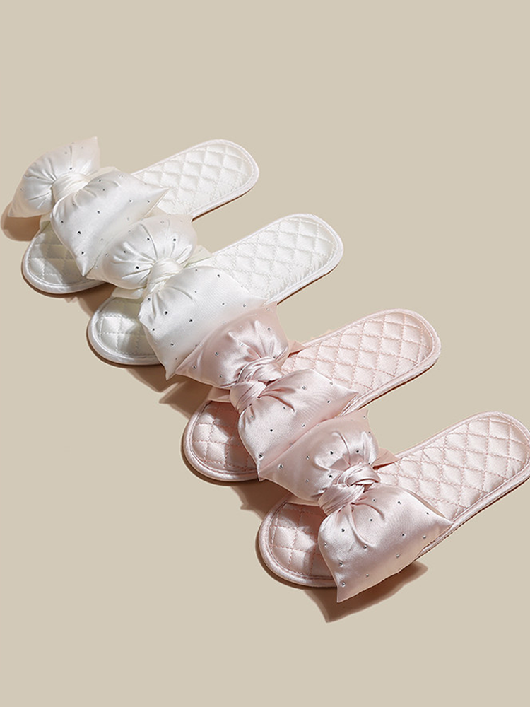 Cute Satin Bow House Slippers Soft Sole Non Slip Indoor