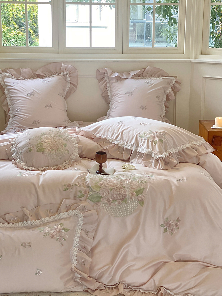 French Romantic Long Staple Cotton Bedding Set Princess Lace Flat Sheet