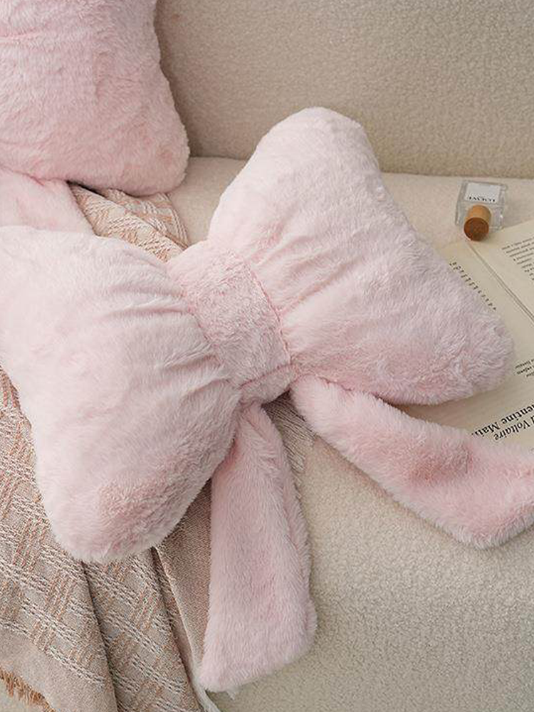 Cute Bow Faux Rabbit Fur Throw Pillow Soft Plush