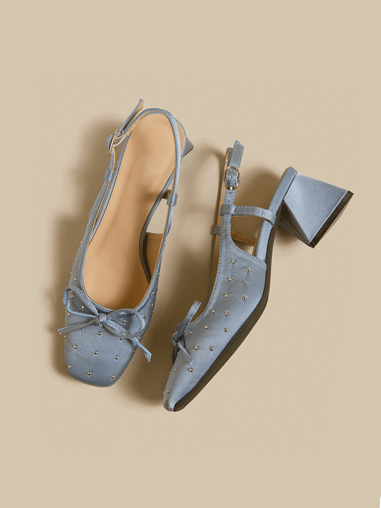 Rhinestone Bow Ankle-Strap Block Heels