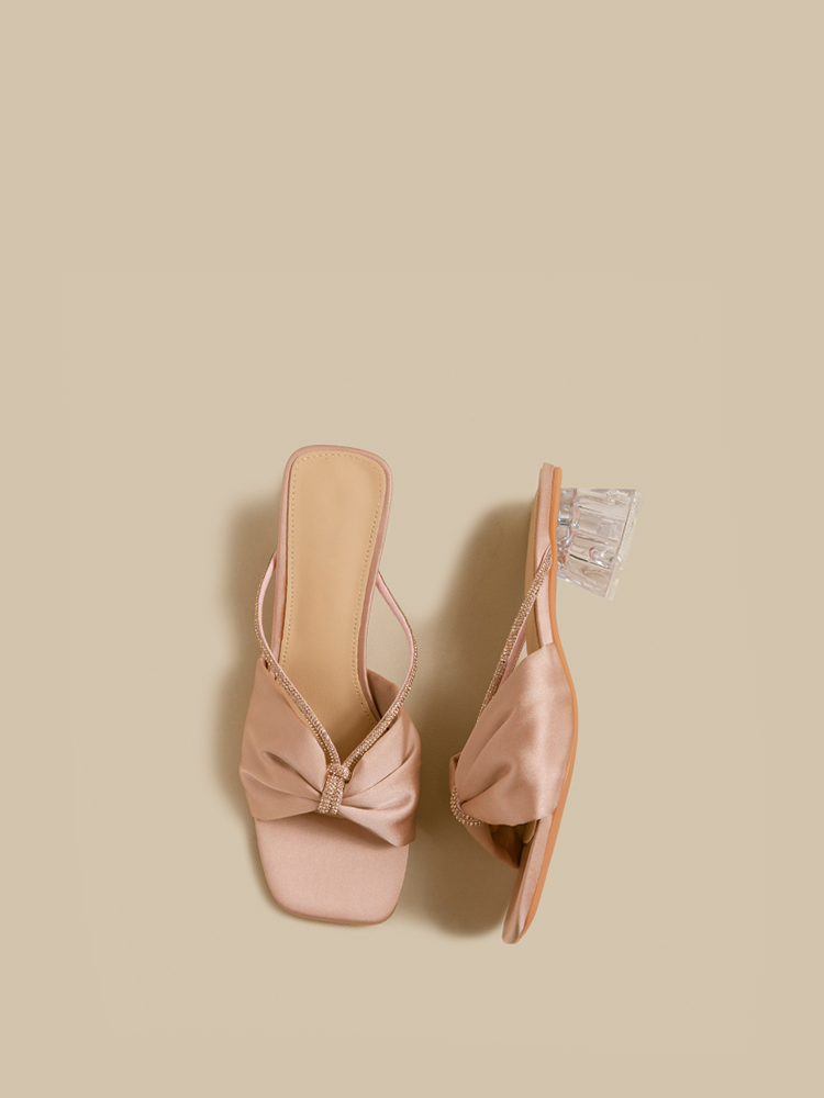 Square Toe Crystal Heel Mule Sandals