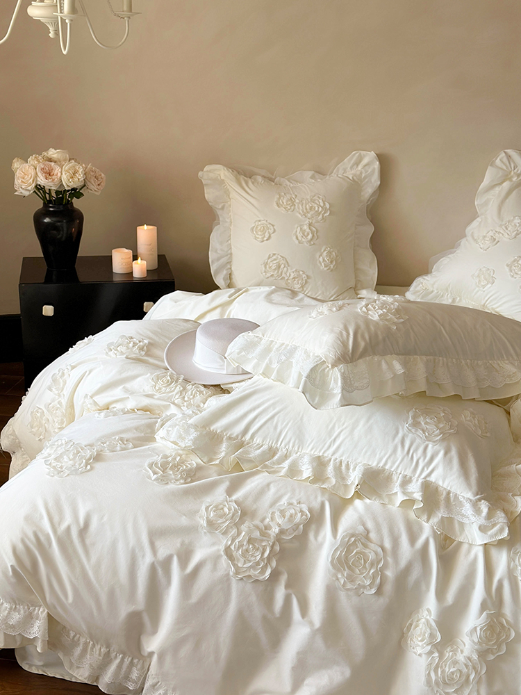 French Romantic Cotton Bedding Set 3D Floral Princess Lace Flat Sheet