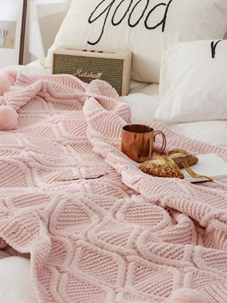 Minimalist Knitted Pom Pom Throw Blanket
