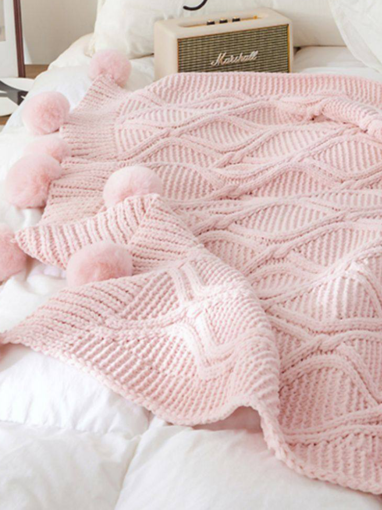 Minimalist Knitted Pom Pom Throw Blanket