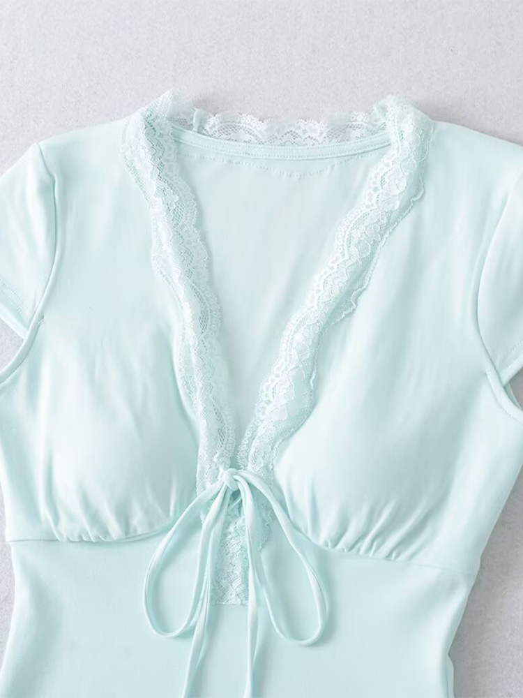 Lace Trim Tie-Front Deep V T-Shirt