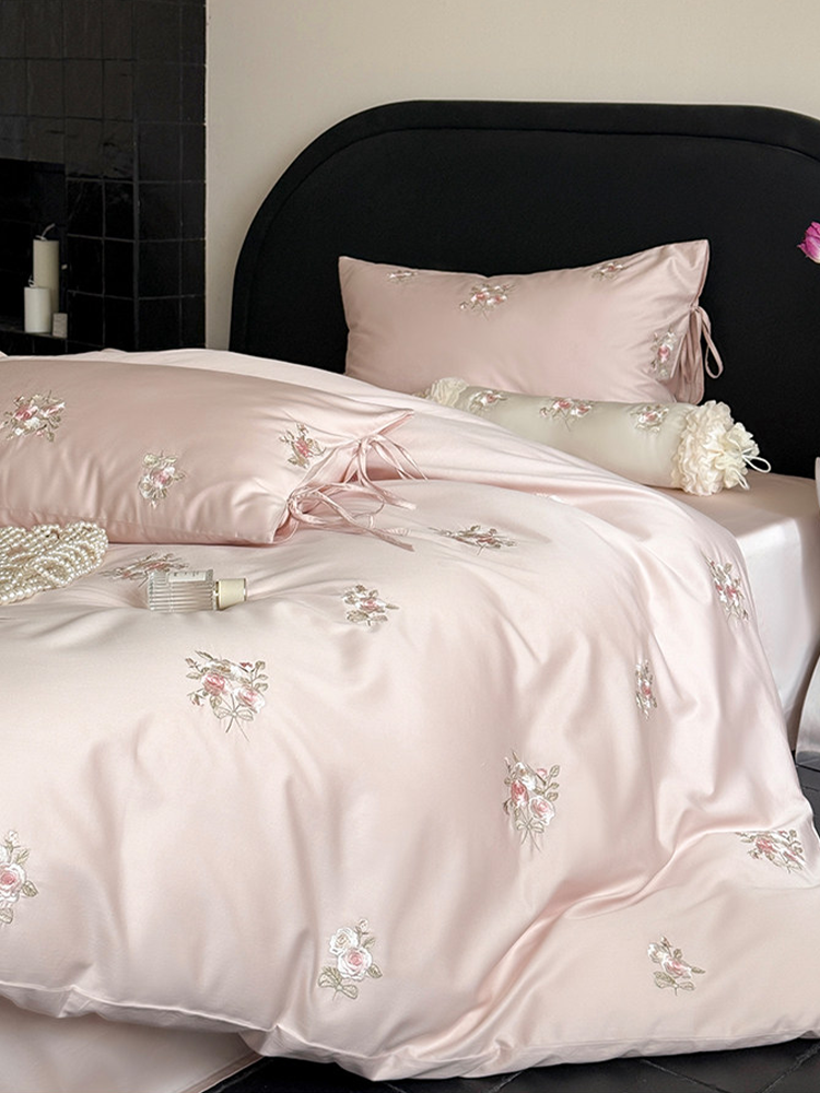 Pink Cotton Bedding Set Princess Rose Embroidered Fitted Sheet