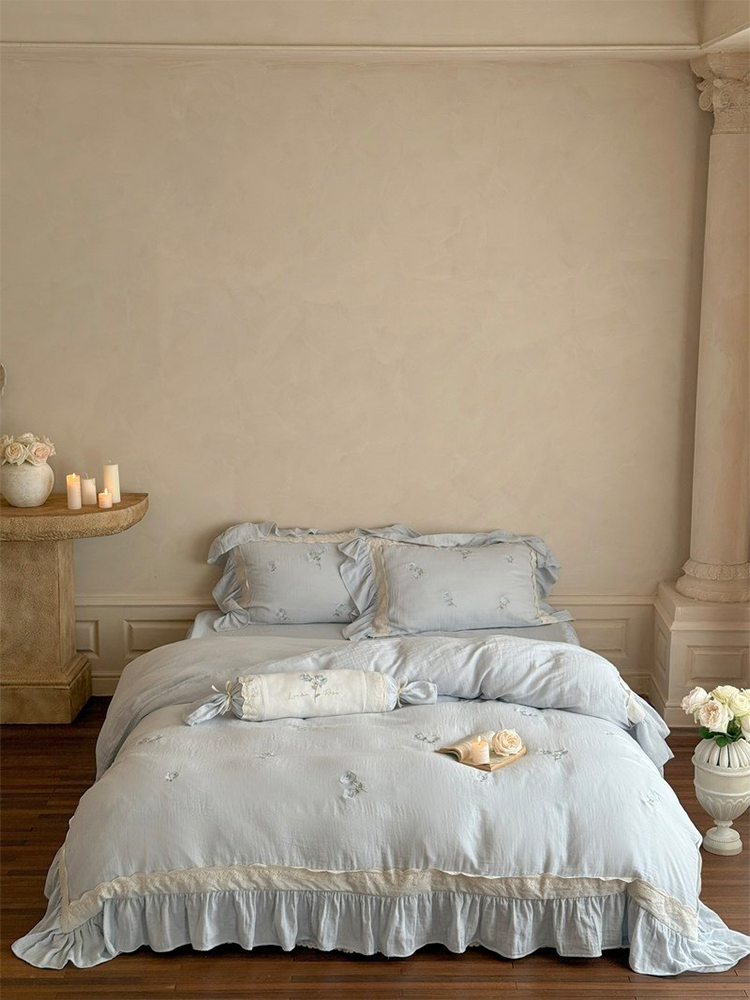 French Princess Bedding Set Double Layer Cotton Gauze Flat Sheet Bed Skirt