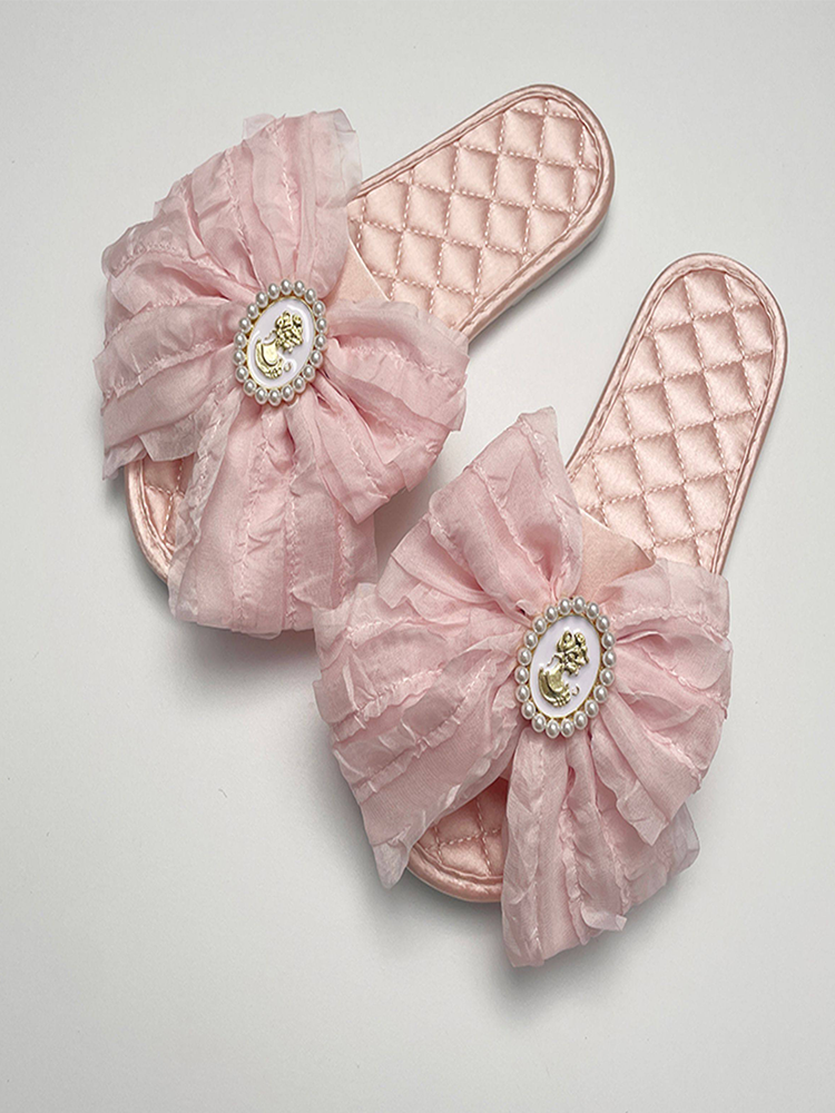 Fairy Style Champagne Pink Satin House Slippers Soft Non Slip Sole