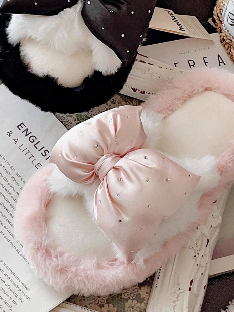 French Elegant Bow Fuzzy House Slippers Winter Soft Sole Non Slip Warm