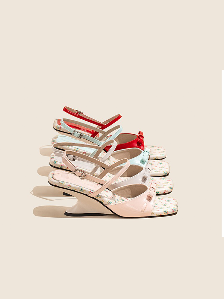 Floral Wedge Sandals with Bow & Block Heel