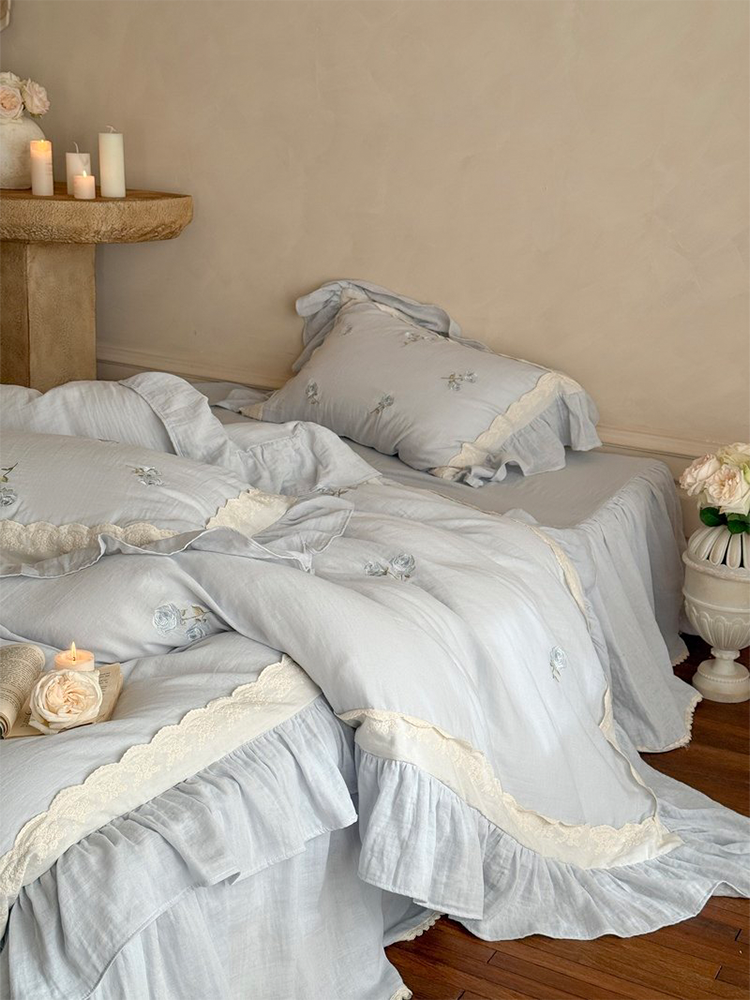 French Princess Bedding Set Double Layer Cotton Gauze Flat Sheet Bed Skirt