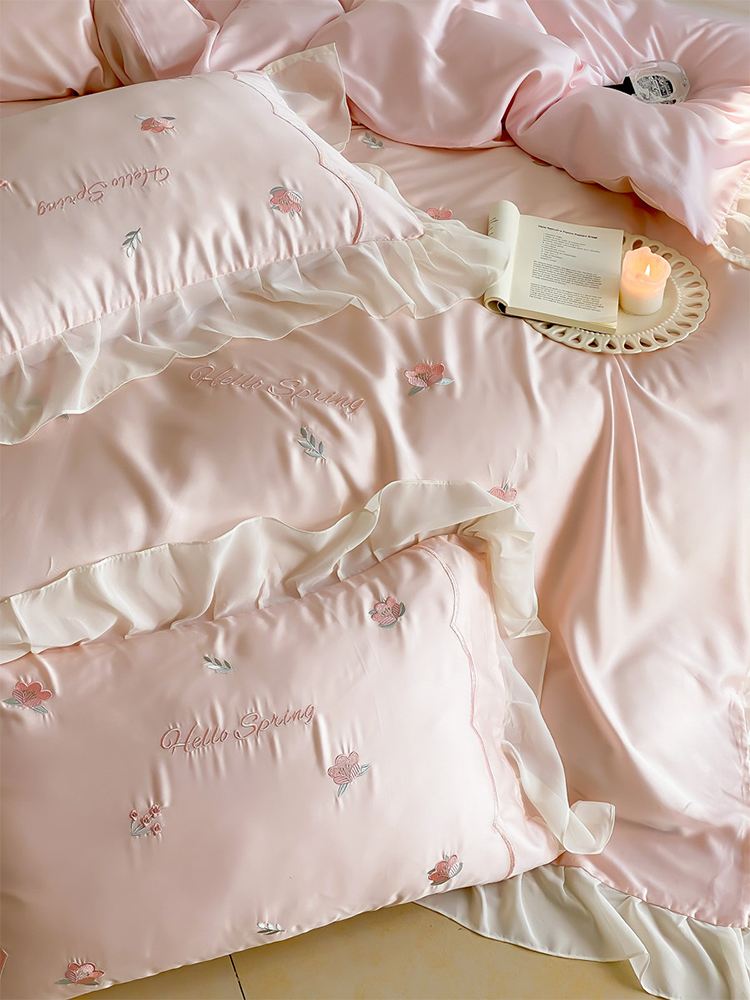 Luxury Tencel Bedding Set Cooling Silky Lace Flat Sheet