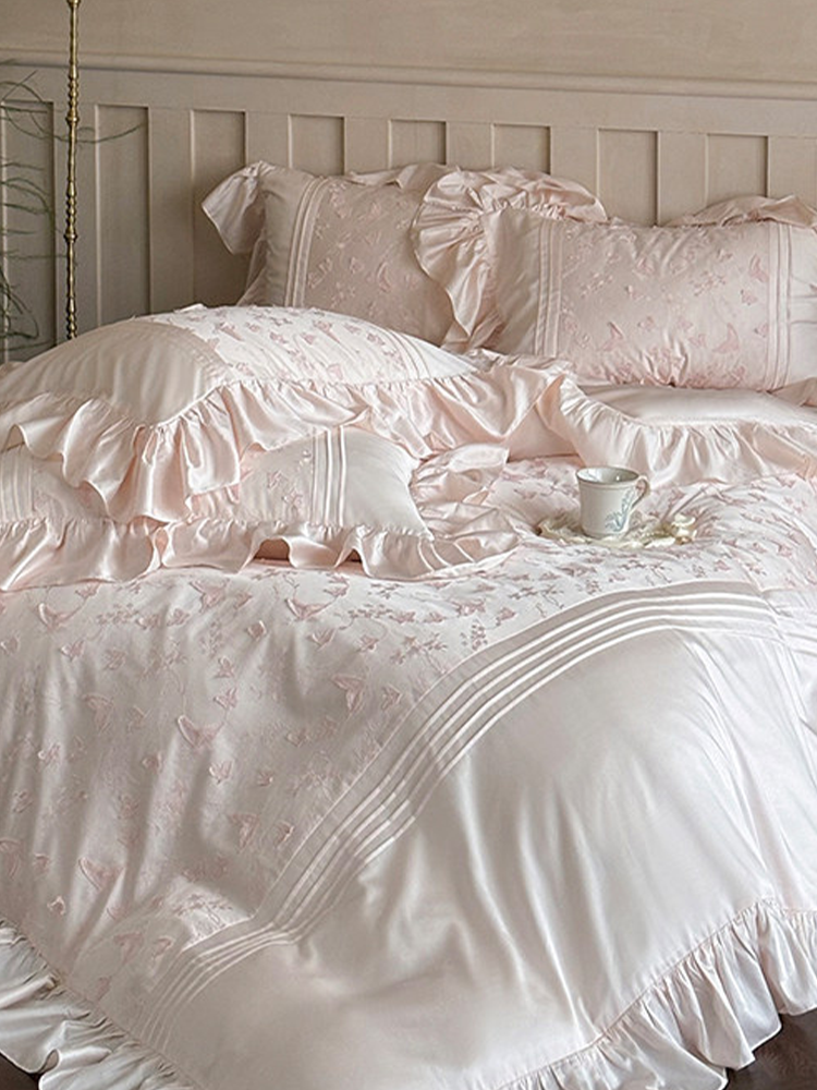French Sweet Tencel Cotton Blend Bedding Set Butterfly Embroidered Flat Sheet