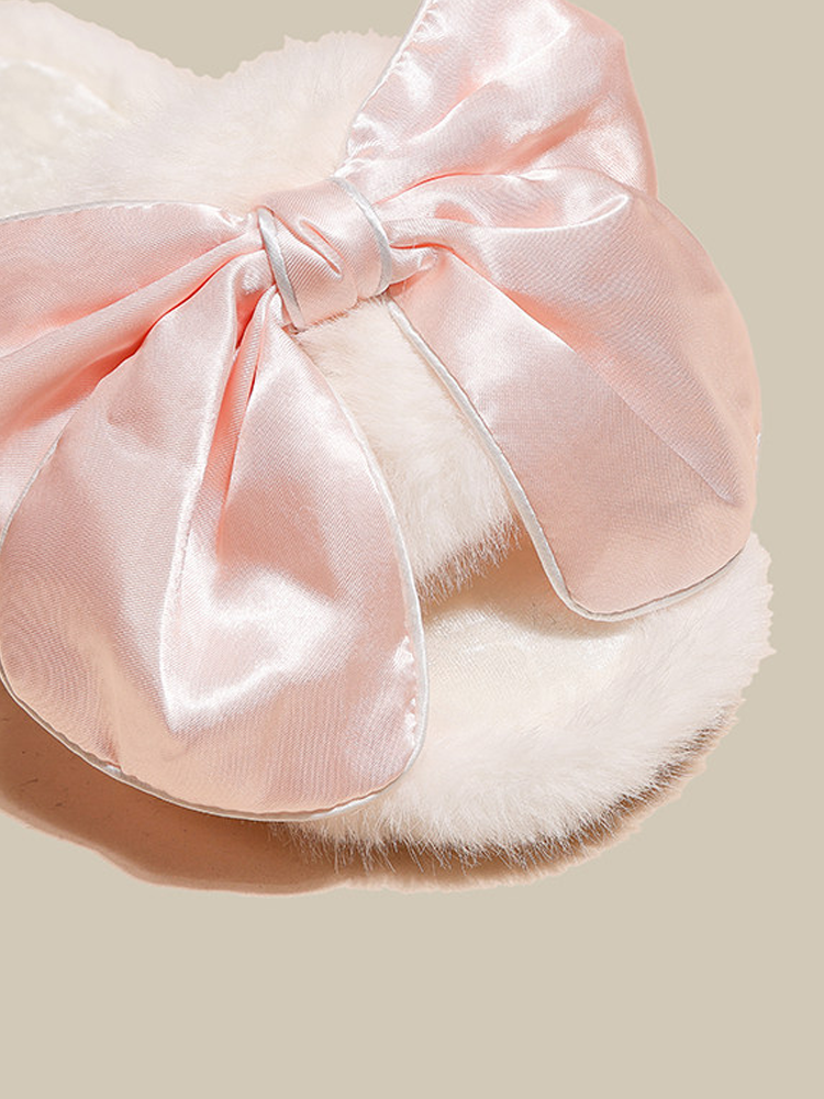 Cute Bow Fuzzy House Slippers Winter Soft Sole Non Slip Warm