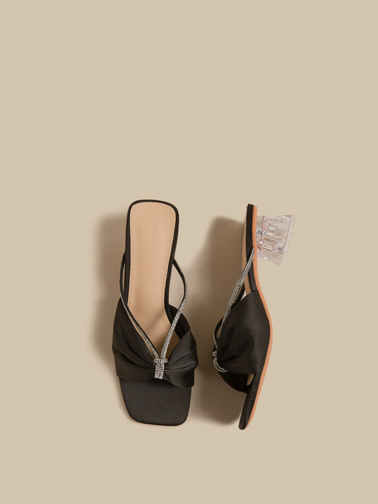 Square Toe Crystal Heel Mule Sandals