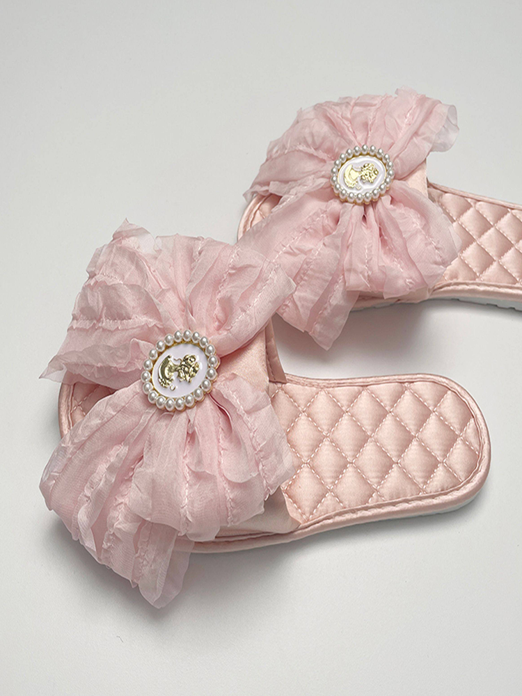 Fairy Style Champagne Pink Satin House Slippers Soft Non Slip Sole