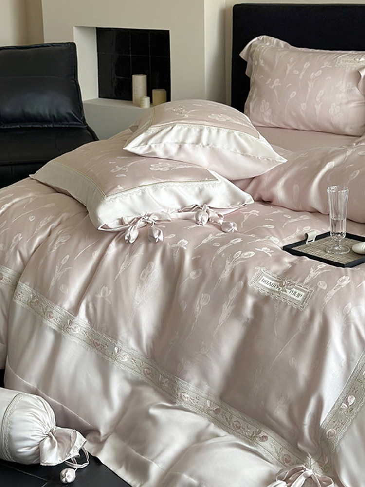 Luxury Princess Tencel Cotton Blend Bedding Set Jacquard Embroidered Flat Sheet