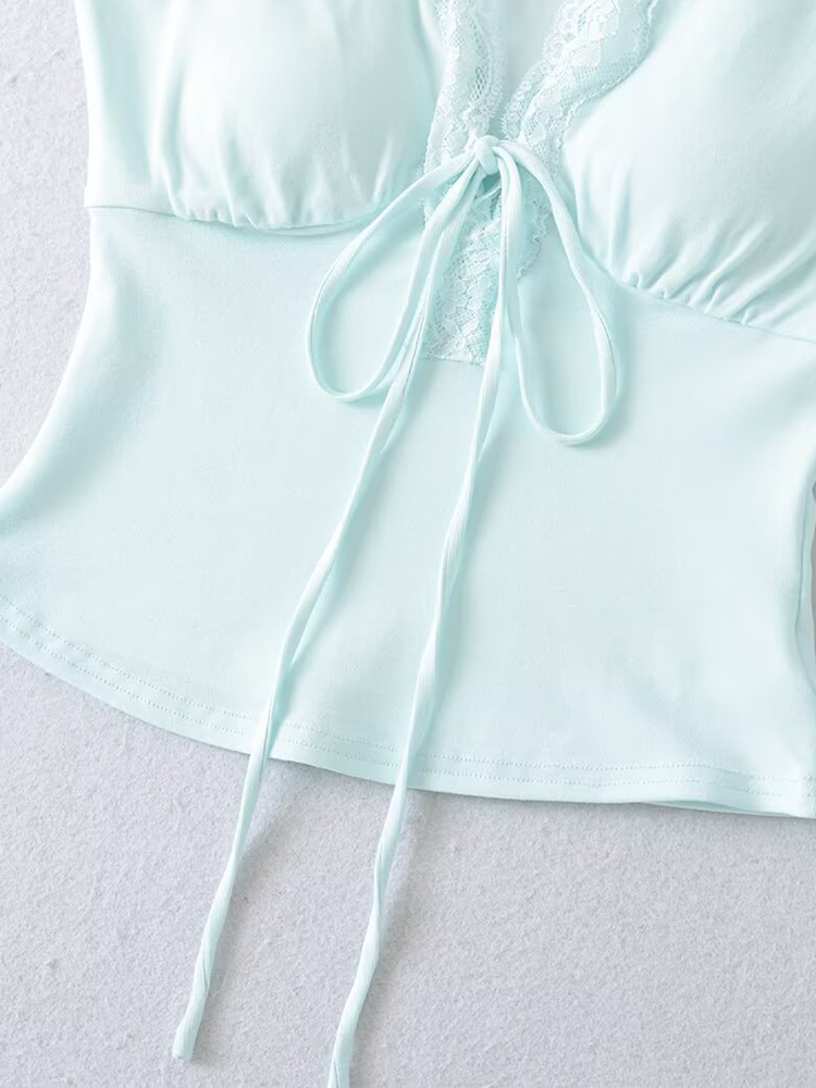 Lace Trim Tie-Front Deep V T-Shirt