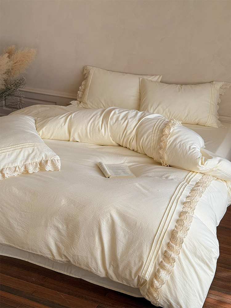 Light Luxury Washed Cotton Bedding Set Elegant Lace Flat Sheet