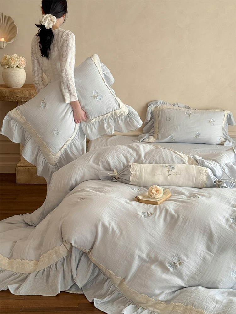 French Princess Bedding Set Double Layer Cotton Gauze Flat Sheet