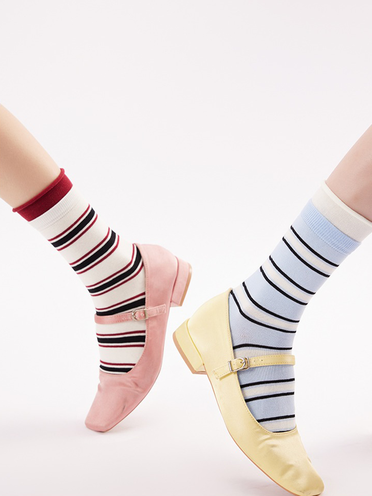 Striped Contrast Cuff Cotton Crew Socks