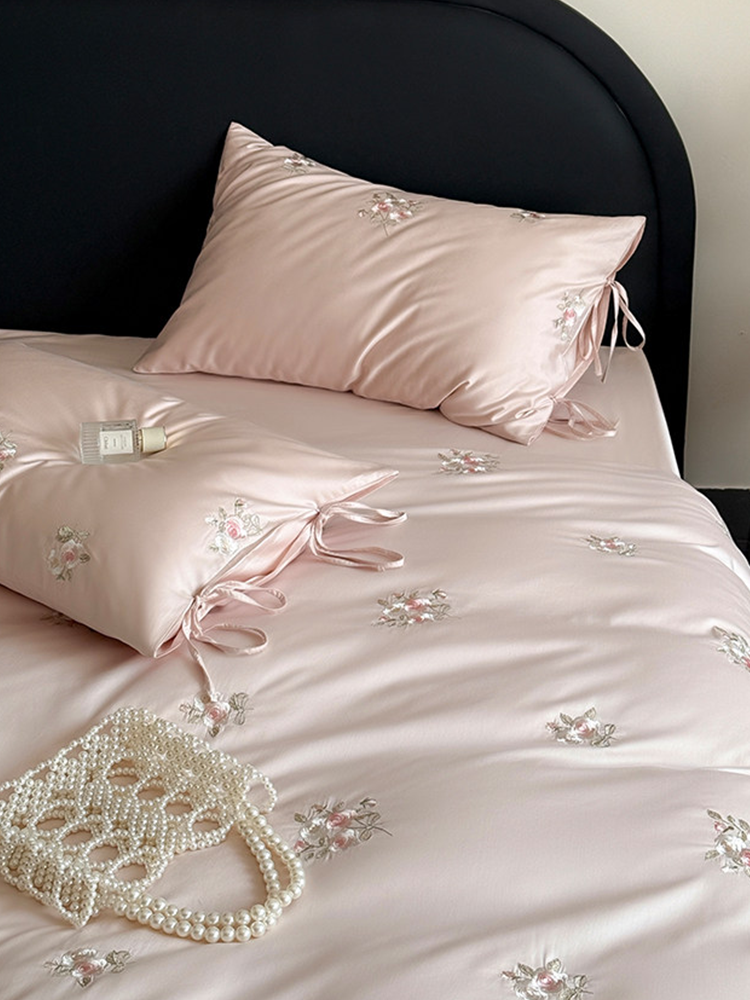 Pink Cotton Bedding Set Princess Rose Embroidered Flat Sheet