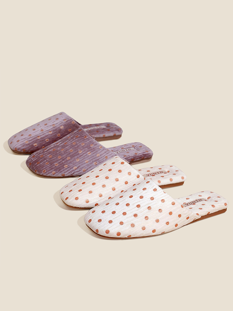Vintage Polka Dot Crinkle Fabric House Slippers Warm Indoor