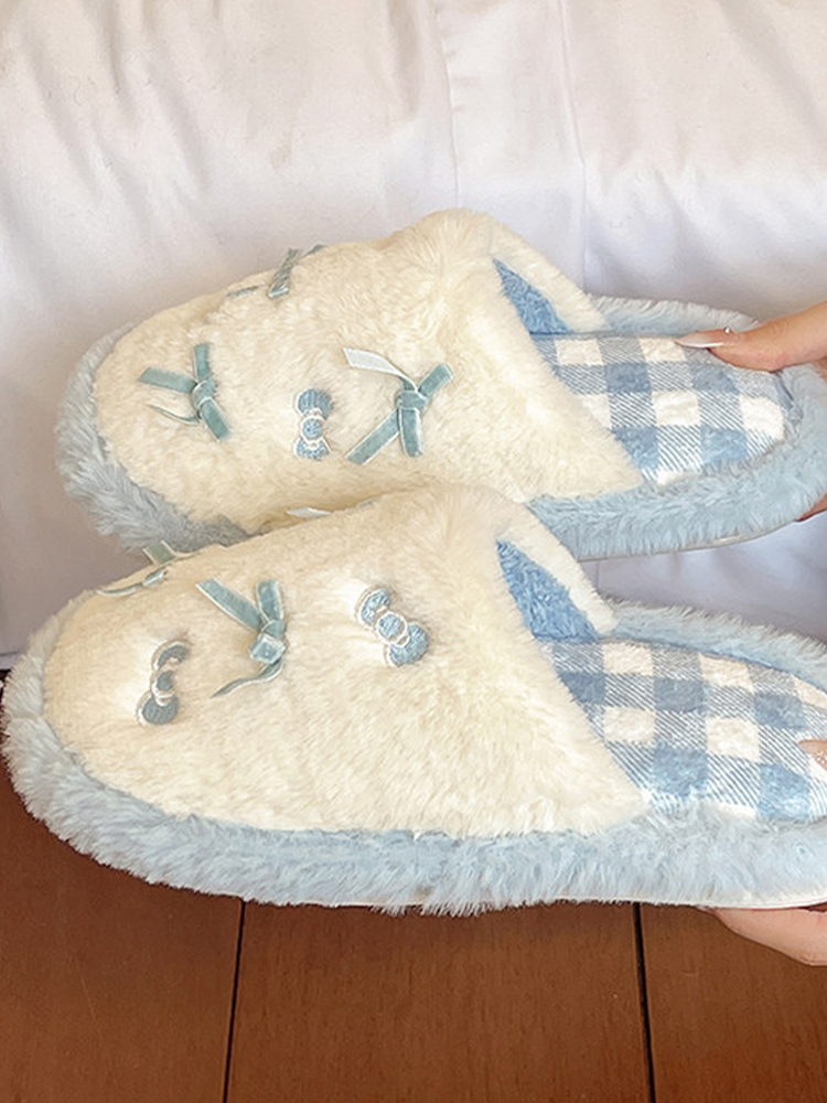 Cute Bow Plaid Closed-Toe Fuzzy House Slippers Winter Non Slip Warm