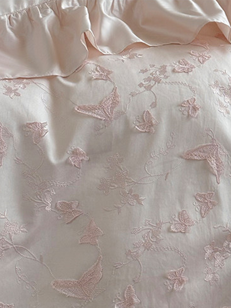 French Sweet Tencel Cotton Blend Bedding Set Butterfly Embroidered Flat Sheet