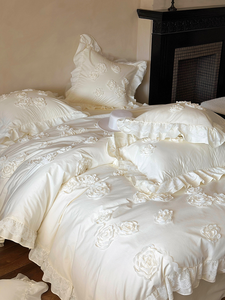 French Romantic Cotton Bedding Set 3D Floral Princess Lace Flat Sheet