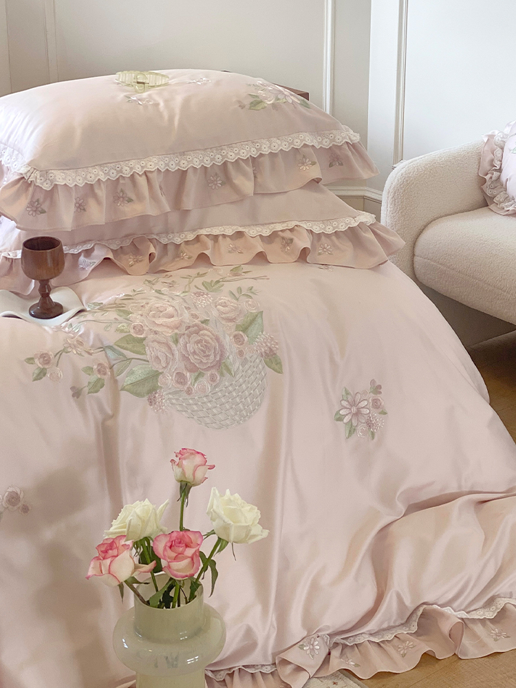 French Romantic Long Staple Cotton Bedding Set Princess Lace Flat Sheet