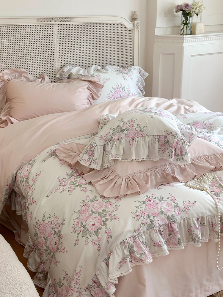 French Floral Cotton Bedding Set Romantic Lace Flat Sheet