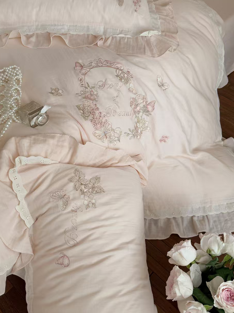 French Gentle Cotton Gauze Bedding Set Embroidered Lace Flat Sheet