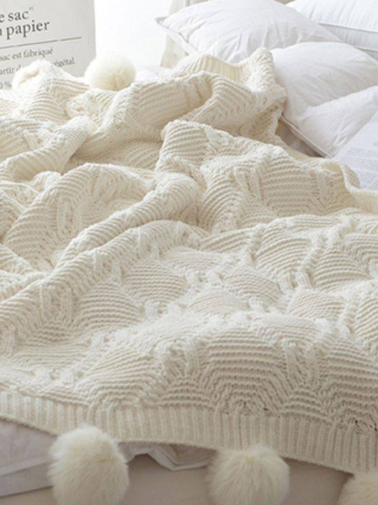 Minimalist Knitted Pom Pom Throw Blanket
