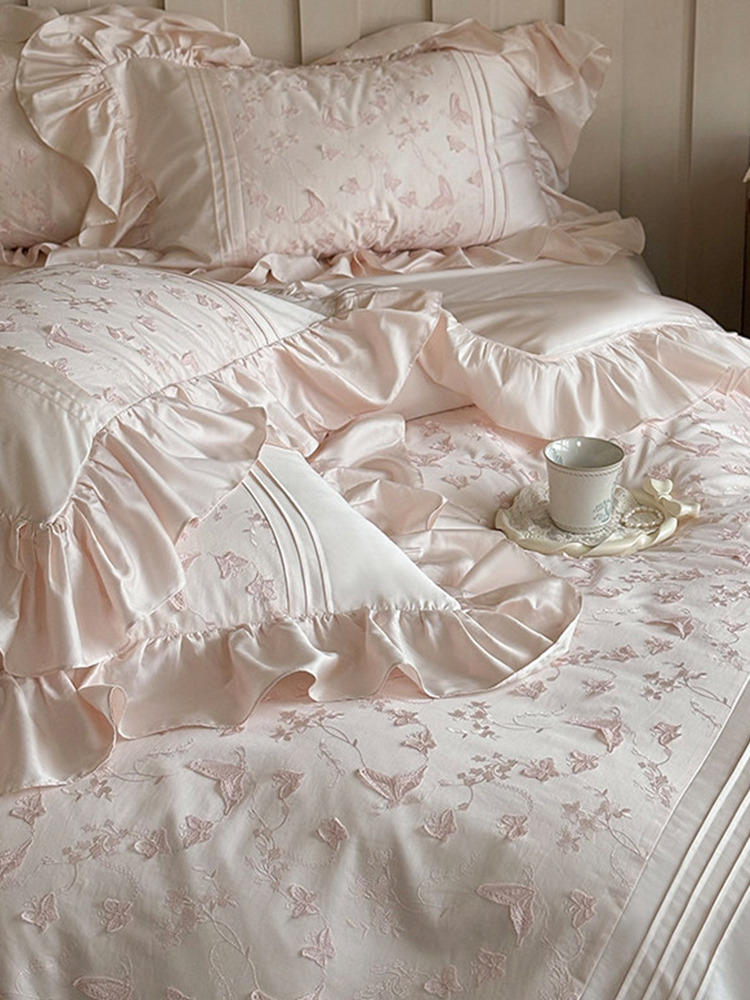 French Sweet Tencel Cotton Blend Bedding Set Butterfly Embroidered Flat Sheet