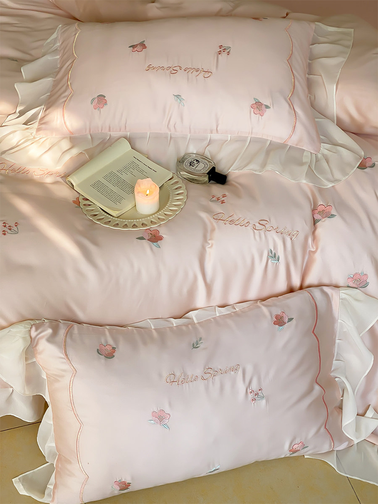 Luxury Tencel Bedding Set Cooling Silky Lace Flat Sheet