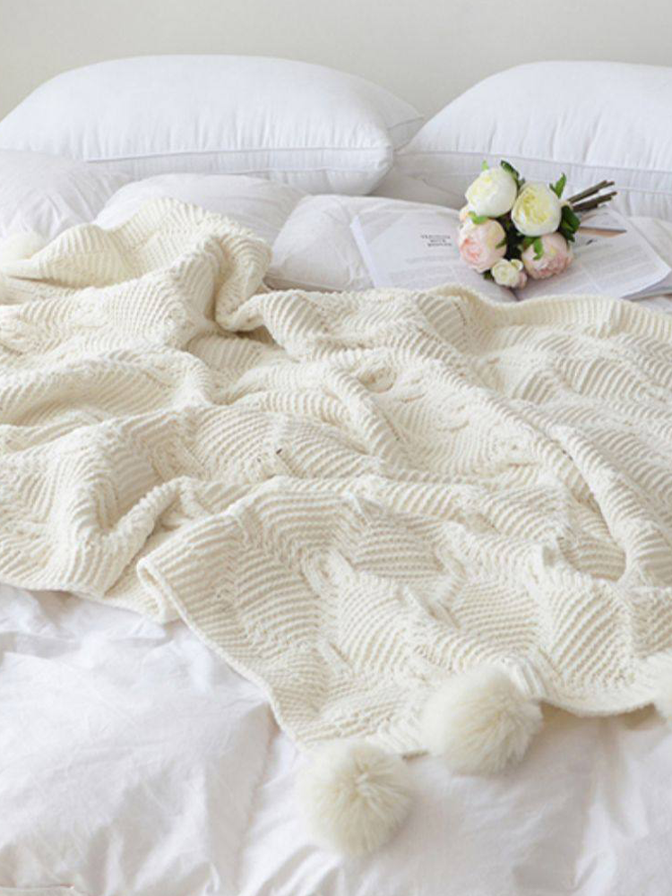 Minimalist Knitted Pom Pom Throw Blanket