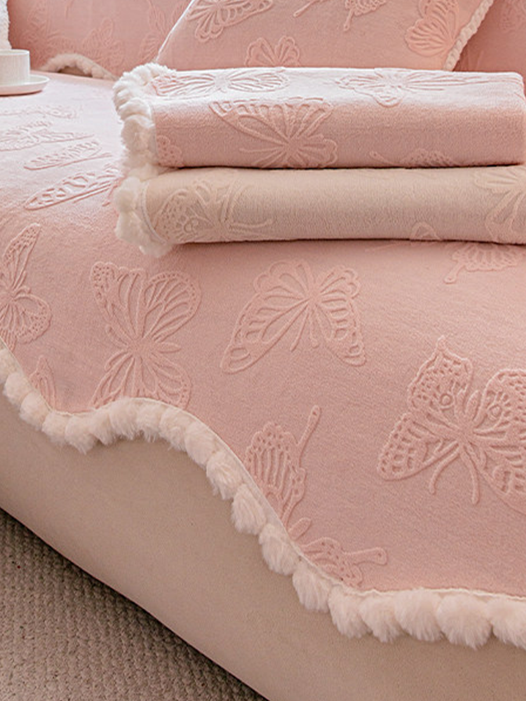 Pink Plush Non Slip Sofa Cover Winter Thickened