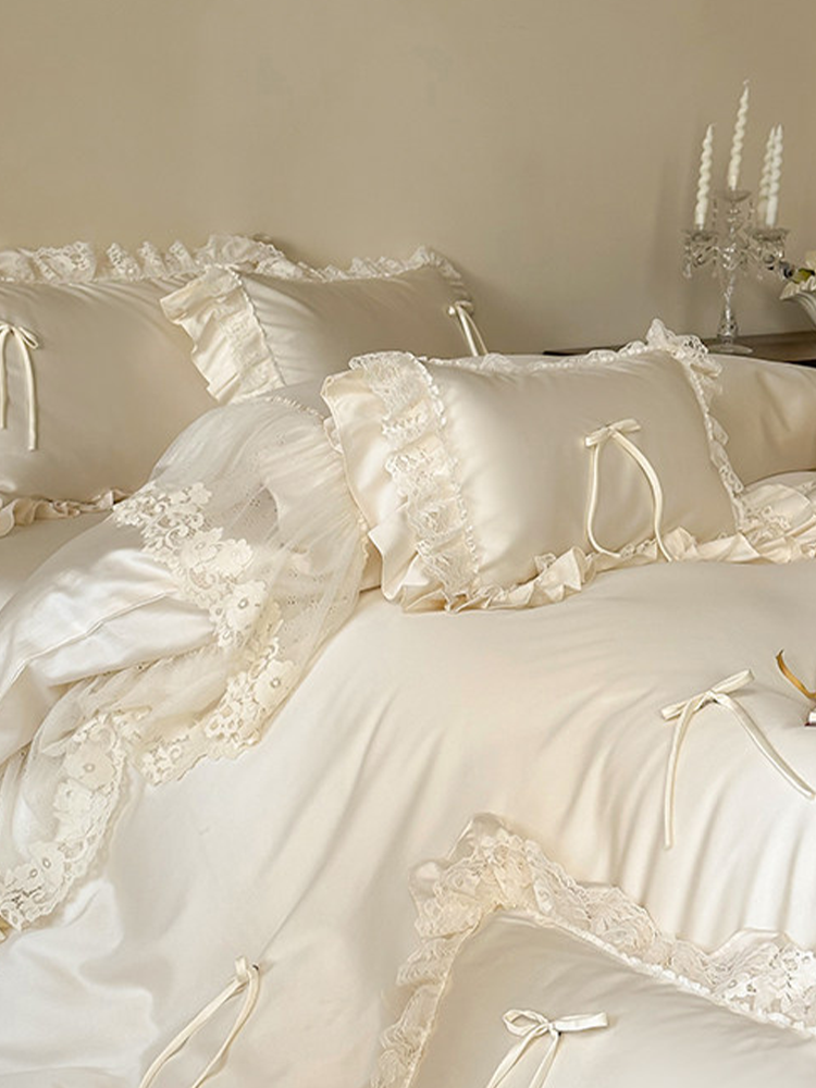 Tencel Cotton Blend Bedding Set Handcrafted Bow Lace Flat Sheet