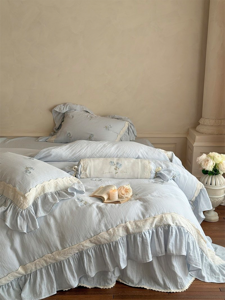 French Princess Bedding Set Double Layer Cotton Gauze Flat Sheet Bed Skirt