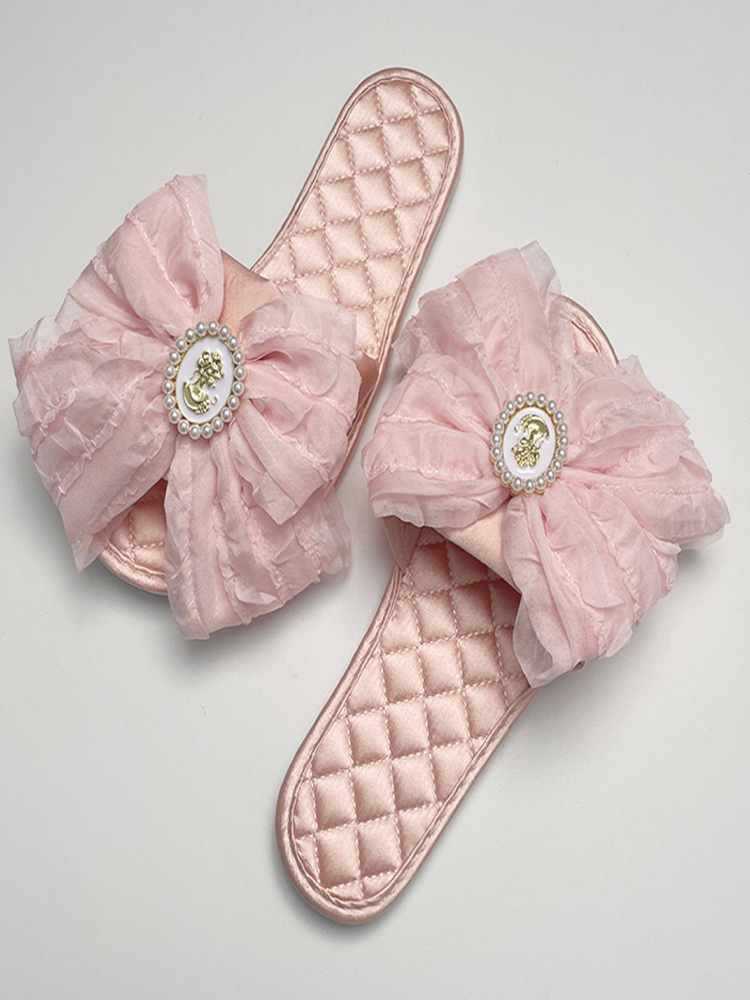 Fairy Style Champagne Pink Satin House Slippers Soft Non Slip Sole