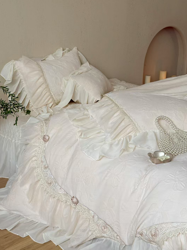 French Romantic Plush Ultra Soft Plush Fleece Bedding Set Embossed Lace Flat Sheet